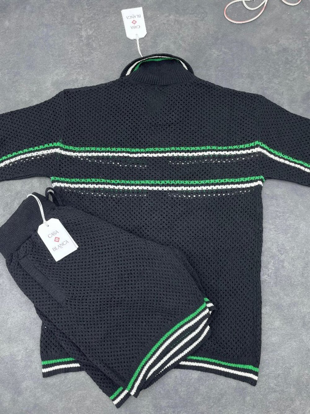 Casablanca Men's Black Knit Shirt & Shorts Set Green White Trim- Size XXL - Picture 7 of 10